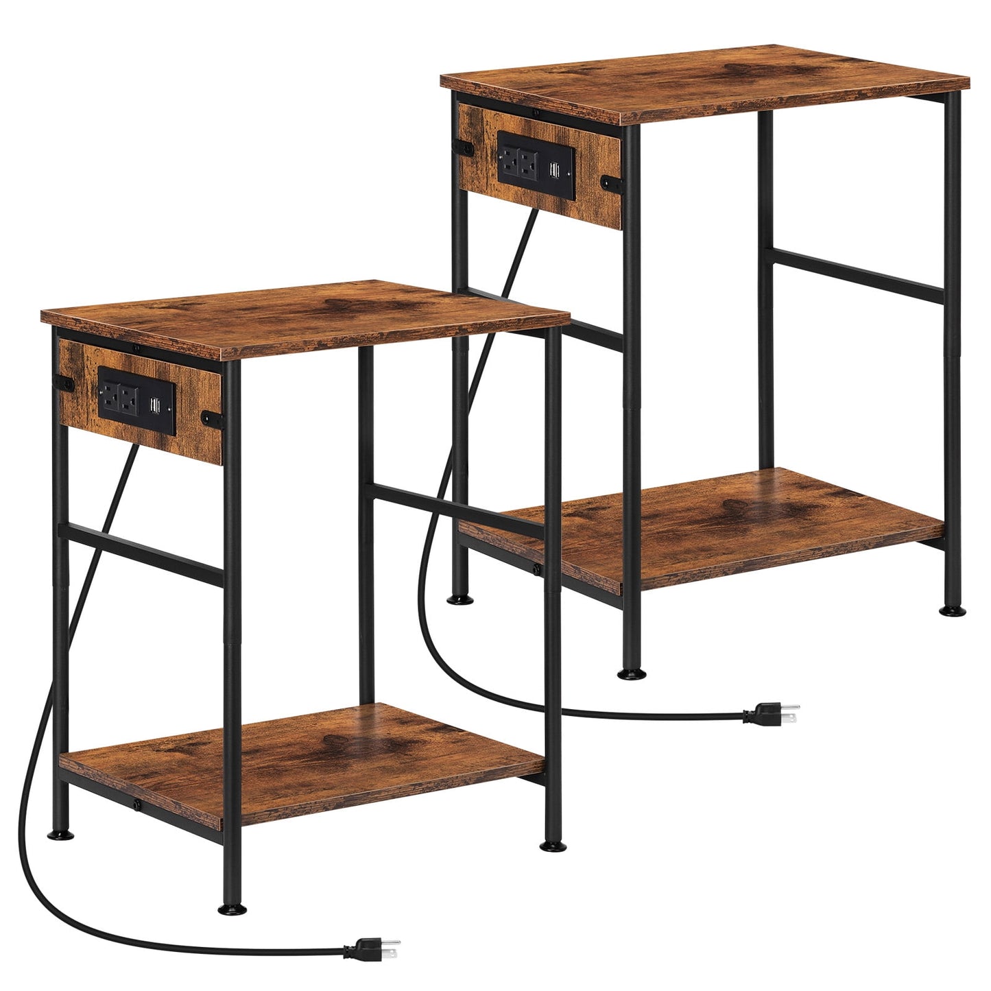 Set of 2 Rustic Brown End Tables with Charging Station, Industrial Nightstands with USB Ports for Living Room Bedroom