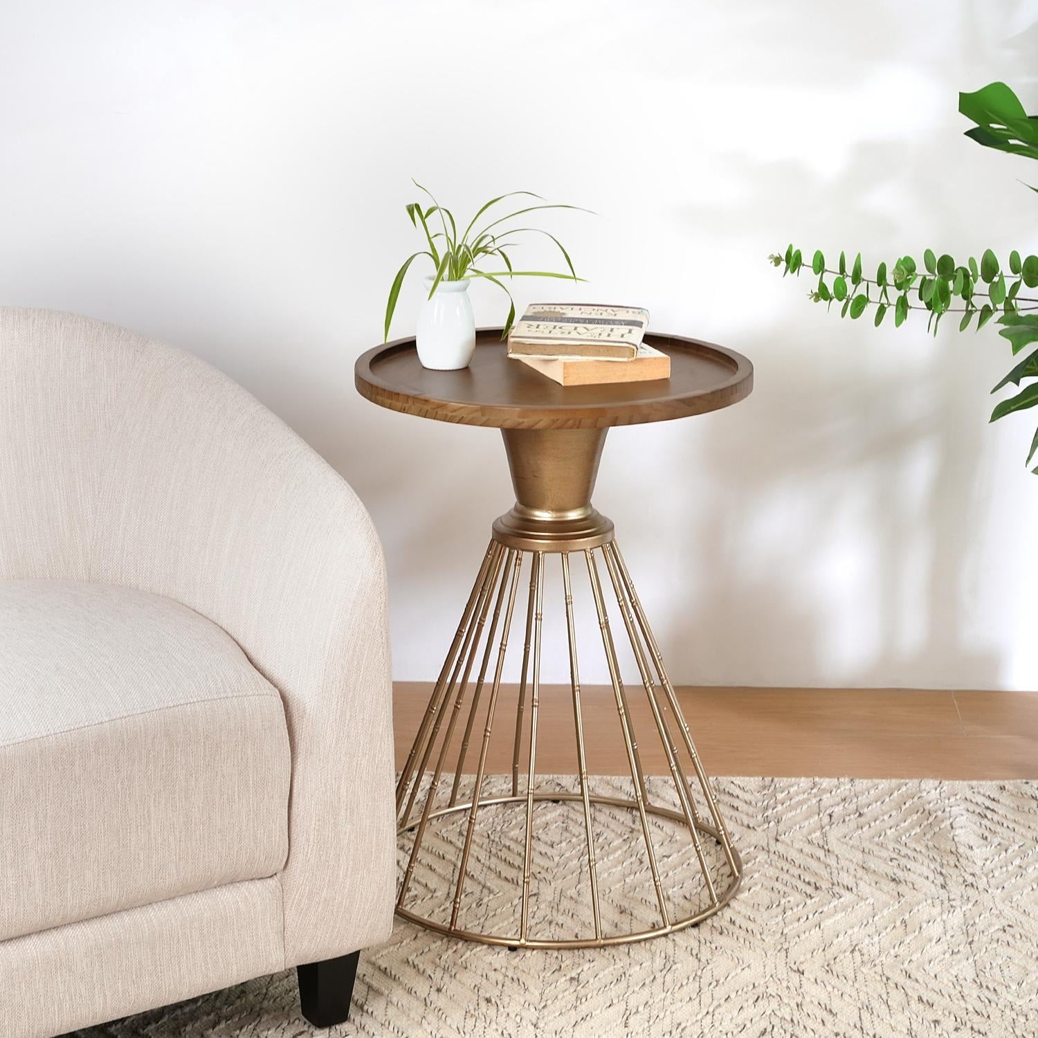 Side Table, End Table, Retro Art Pine Furniture with Hollow Edge Design and Antique Gold Metal Frame for Living Room or Bedroom, Natural Color