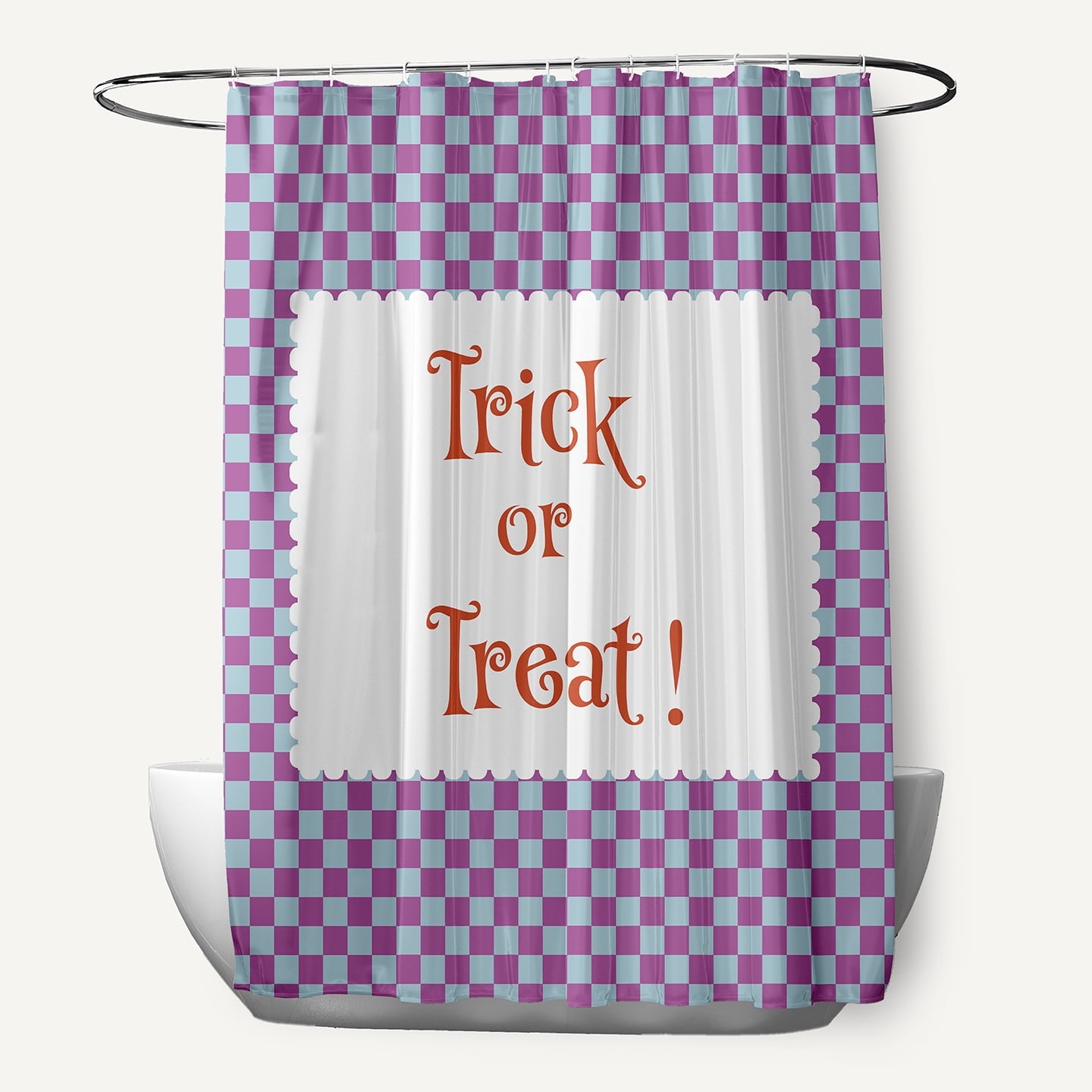 Simply Daisy 70" W x 73" L Halloween Trick or Treat Checks Polyester Shower Curtain, Orchid [1 Ct]