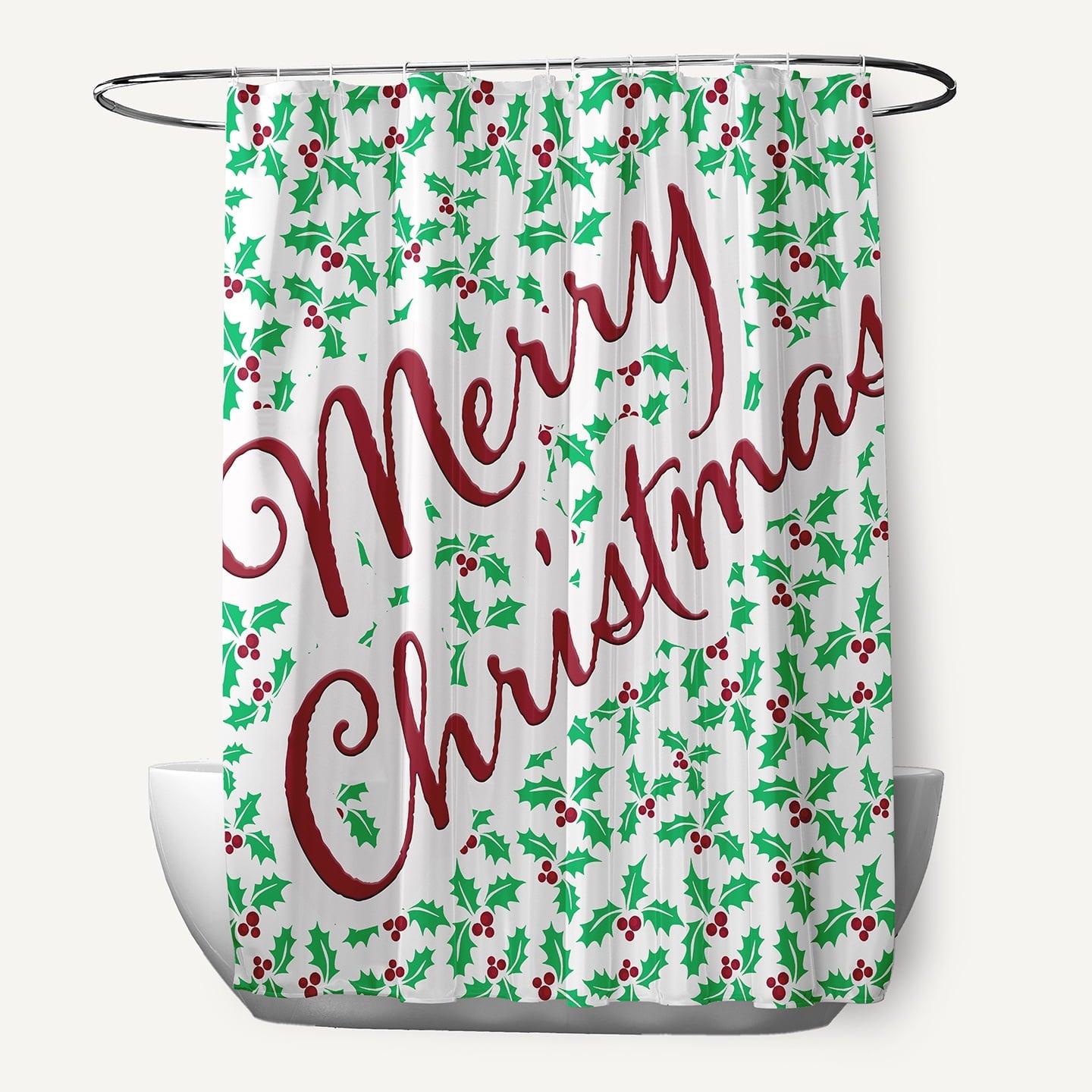 Simply Daisy 70" W x 73" L Merry Christmas with Holly Polyester Shower Curtain, Bright Green [1 Ct]