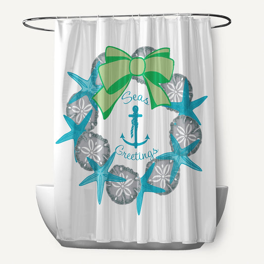Simply Daisy 70" W x 73" L Seas and Greetings Wreath Polyester Shower Curtain, Turquoise [1 Ct]