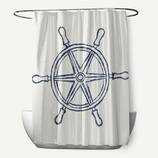 Simply Daisy Large Ship Wheel Nautical Blue 70" w x 73" h Polyester Shower Curtain, Nautical Blue