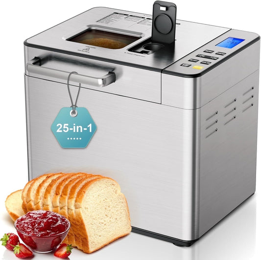 Simzlife 25-in-1 Bread Maker, 2LB Dough & Bread Maker Machine with Auto Fruit and Nut Dispenser,Stainless Steel