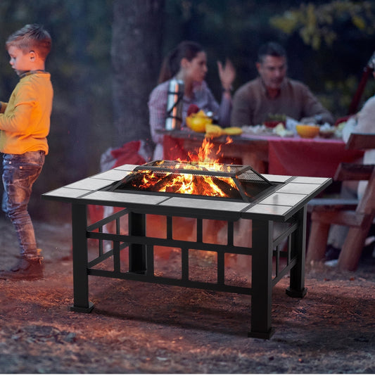 SinglyFire 37 inch Fire Pit for Outside Wood Burning Fire Pit Table Tile Top With BBQ Grill Cooking Grate Lid for Outdoor Fireplace Table Square Metal Stove for Camping, Outdoor Heating, Bonfire and