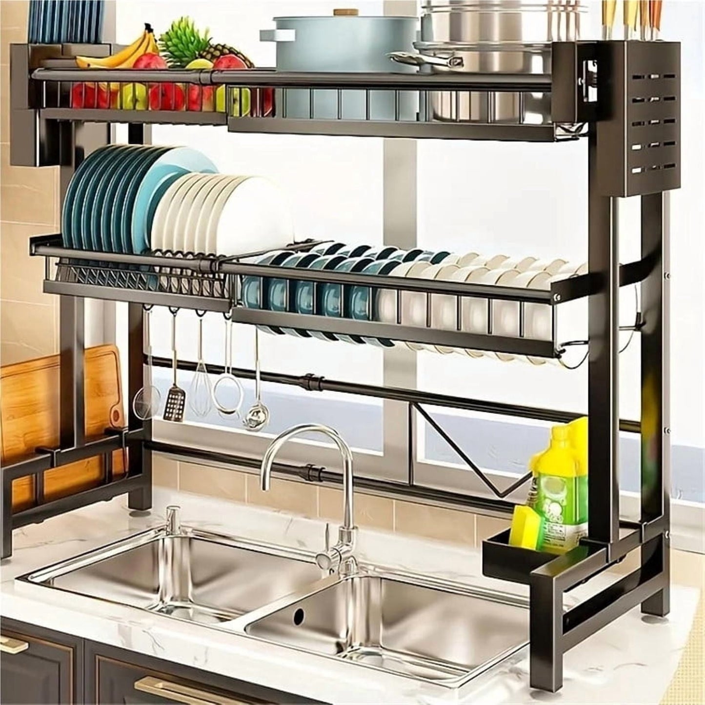 Over The Sink Dish Drying Rack, Telescopic 2 Tier Large Capacity Dish Rack, Sink Organize Stand, Kitchen Counter Storage Shelf Supplies for Plates Bowls Pots