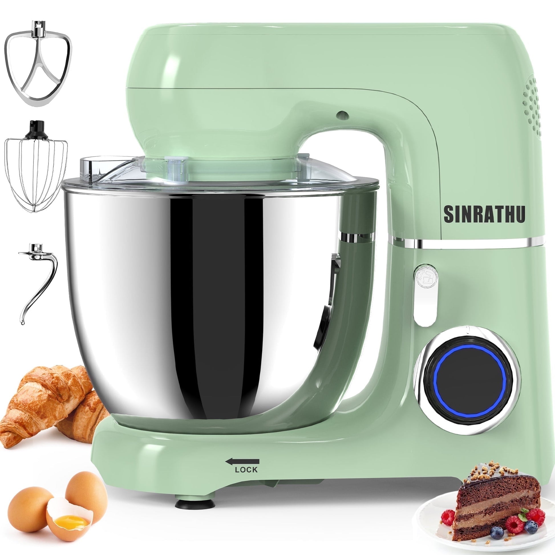 Sinrathu 6.5 QT Stand Mixer, 3-IN-1 Tilt-Head 10-Speed Food Mixer, Kitchen Electric Mixer with Bowl, BeaterDough, Hook, Whisk for Most Home Cooks,(Agave Green）