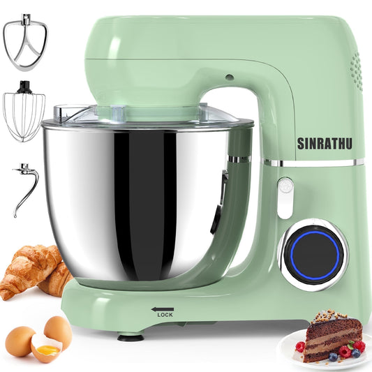 Sinrathu 6.5 QT Stand Mixer, 3-IN-1 Tilt-Head 10-Speed Food Mixer, Kitchen Electric Mixer with Bowl, BeaterDough, Hook, Whisk for Most Home Cooks,(Agave Green）