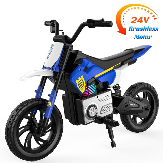 Skyhot 24V Electric Dirt Bike for Kids, 15km/h Electric Motorcycle Beginners Friendly, Power Display, Brushless Electric Machine, Rear Spring Suspension, 2-Speed Modes for Kids Ages 3-8, Blue