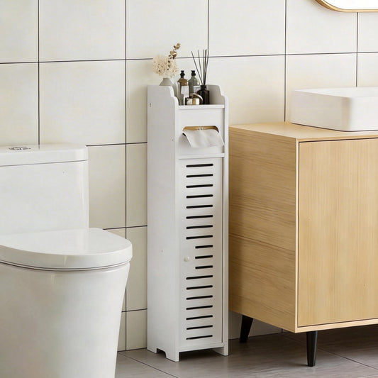 Small Bathroom Storage Cabinet, Freestanding Toilet Paper Storage with Door and Shelves, Corner Floor Cabinet, Bathroom Organizers and Storage for Small Spaces, White