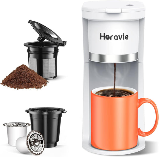 Small Single Serve Coffee Maker, Fast Brew One Cup Coffee Machine for K Cup and Grounds, 6 to 12 oz. Brew Sizes, Capsule Coffee Machine with Descaling Reminder and Viewing Tank, White