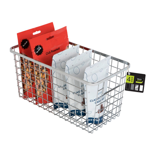 Smart Design Nestable Basket Organizer with Handles - 6 x 12 x 6 inches - Chrome - Set of 4