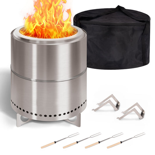 Smokeless Fire Pit for Camping with Stand & Bag & Sticks & Holders,304 Stainless Steel,15inch