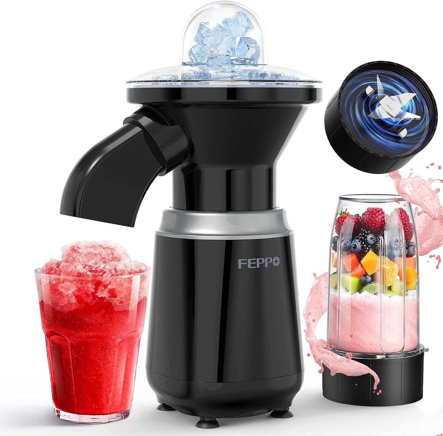 Snow Cone Machine & Smoothie Blender 2 in 1, Slushie Machine Shaved Ice Machine, 22000RPM Healthy Frozen Drink Maker with Stainless Steel Blade & Smoothie Recipes, for Home, Kitchen,Party,Summer