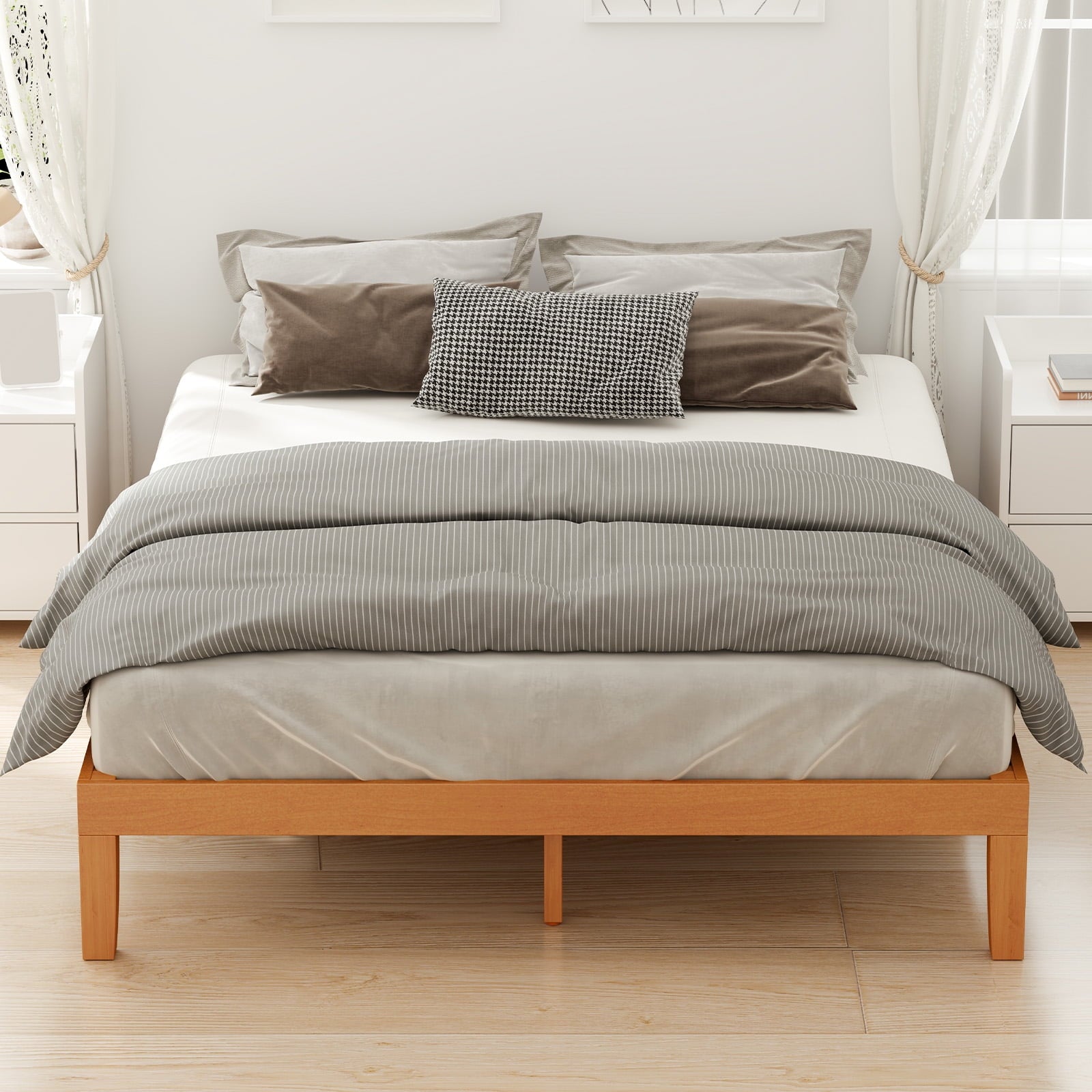 Solid Wood Bed Frame, Bed Base with Wood Slat Support, No Box Spring Neededï¼ŒQueen Size