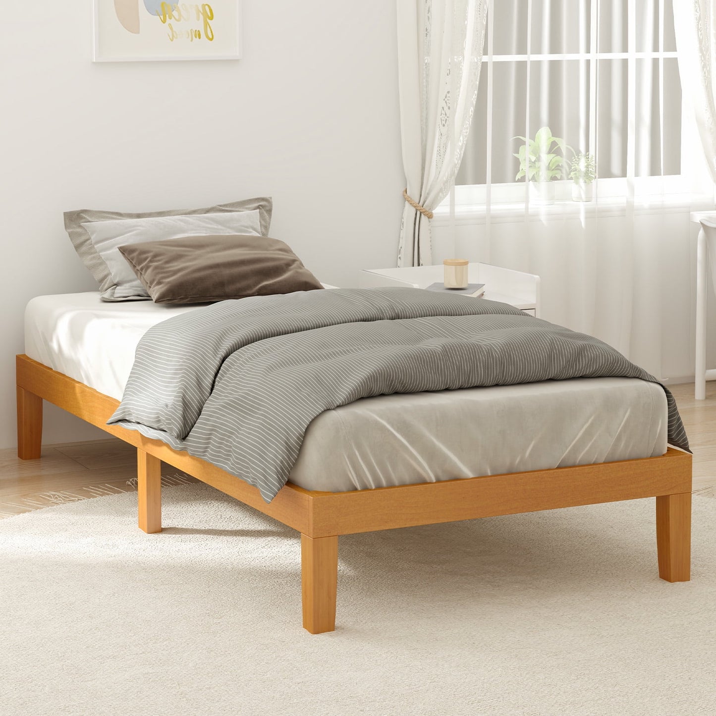 Solid Wood Bed Frame, Bed Base with Wood Slat Support, No Box Spring Neededï¼ŒTwin Size