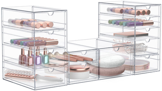 Sorbus Organizador de Maquillaje de AcrÃ­lico de 3 Piezas, Contenedores de Almacenamiento Apilables de 12 Cajones, Transparente