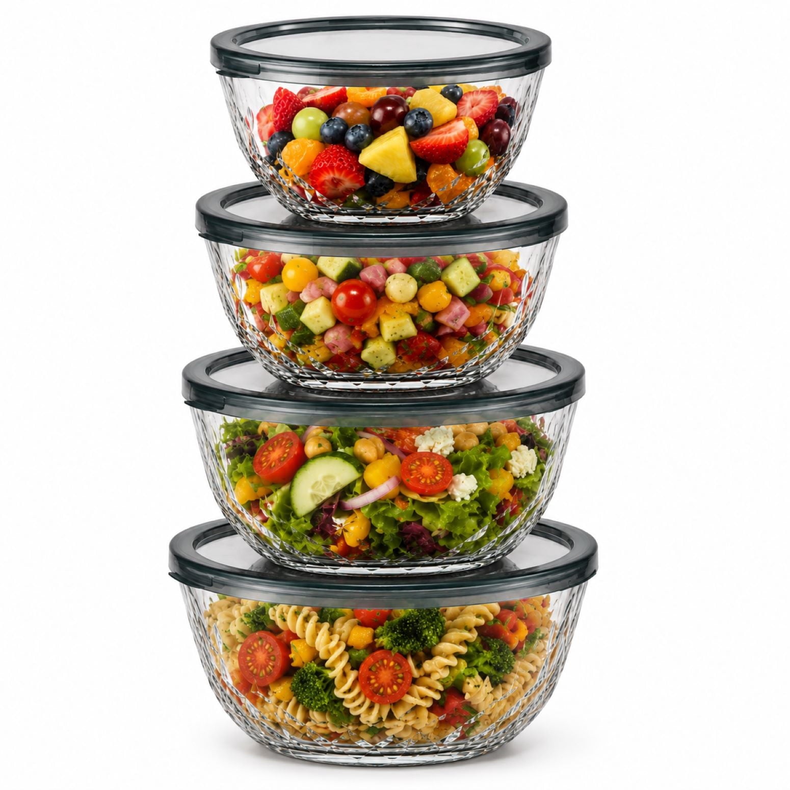 Sorbus 4-Piece Diamond Textured Glass Mixing Bowl Set with Lids, Assorted Sizes, BPA-Free