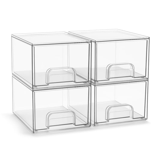 Sorbus Clear Acrylic Storage Drawers â€“ Set of 4 Stackable 4.4" Tall Bins for Bathroom, Vanity, or Makeup Organization â€“ Pull-Out Storage Organizer for Home or Office