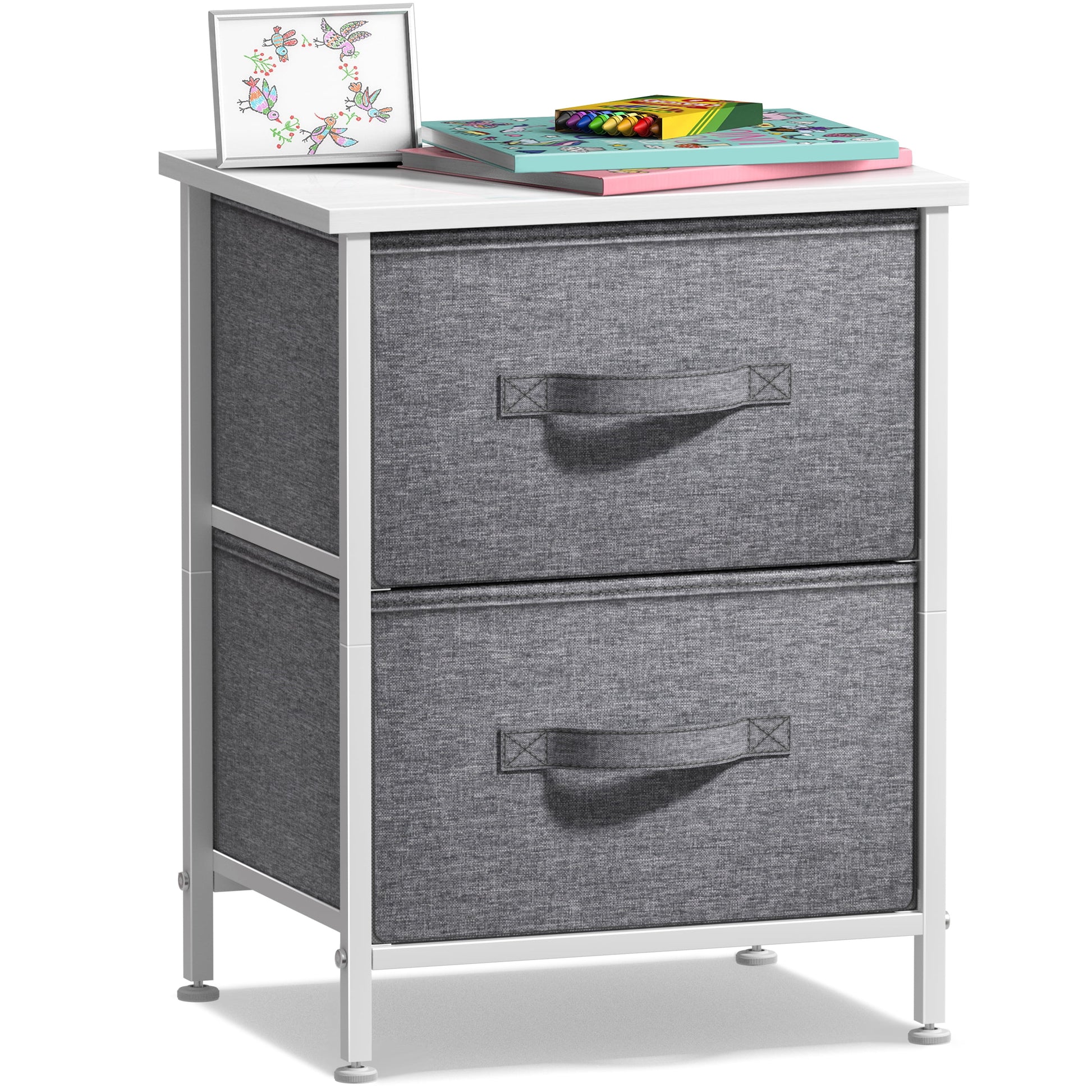 Sorbus Nightstand with 2 Drawers, Steel Frame, Wood Top, Fabric Bins, White/Gray