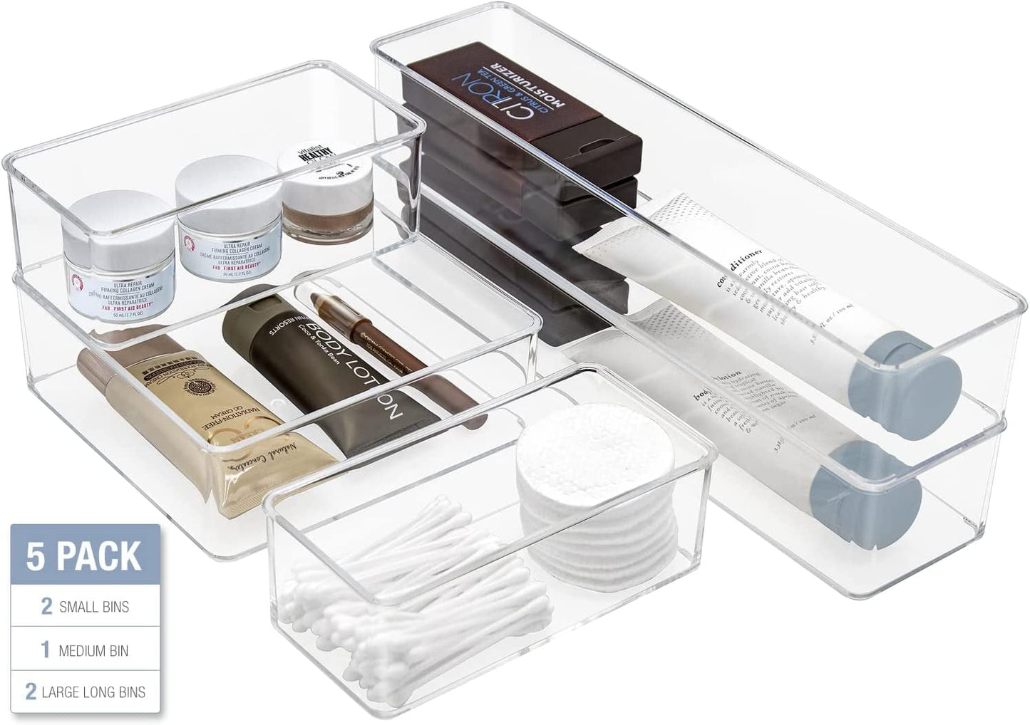Sorbus Juego de 5 Contenedores Organizadores de Almacenamiento de CajÃ³n de PlÃ¡stico Transparente - OrganizaciÃ³n para Belleza, Cocina, Oficina