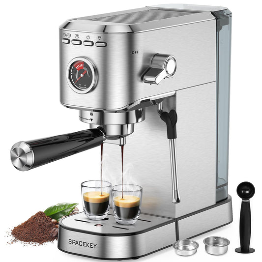 Spacekey Espresso Machine 20 Bar, Professional 1350W Espresso Maker with Milk Frother, Compact Stainless Steel Cappuccino & Latte & Americano Maker with 39oz Removable Water Tank, Silver C101