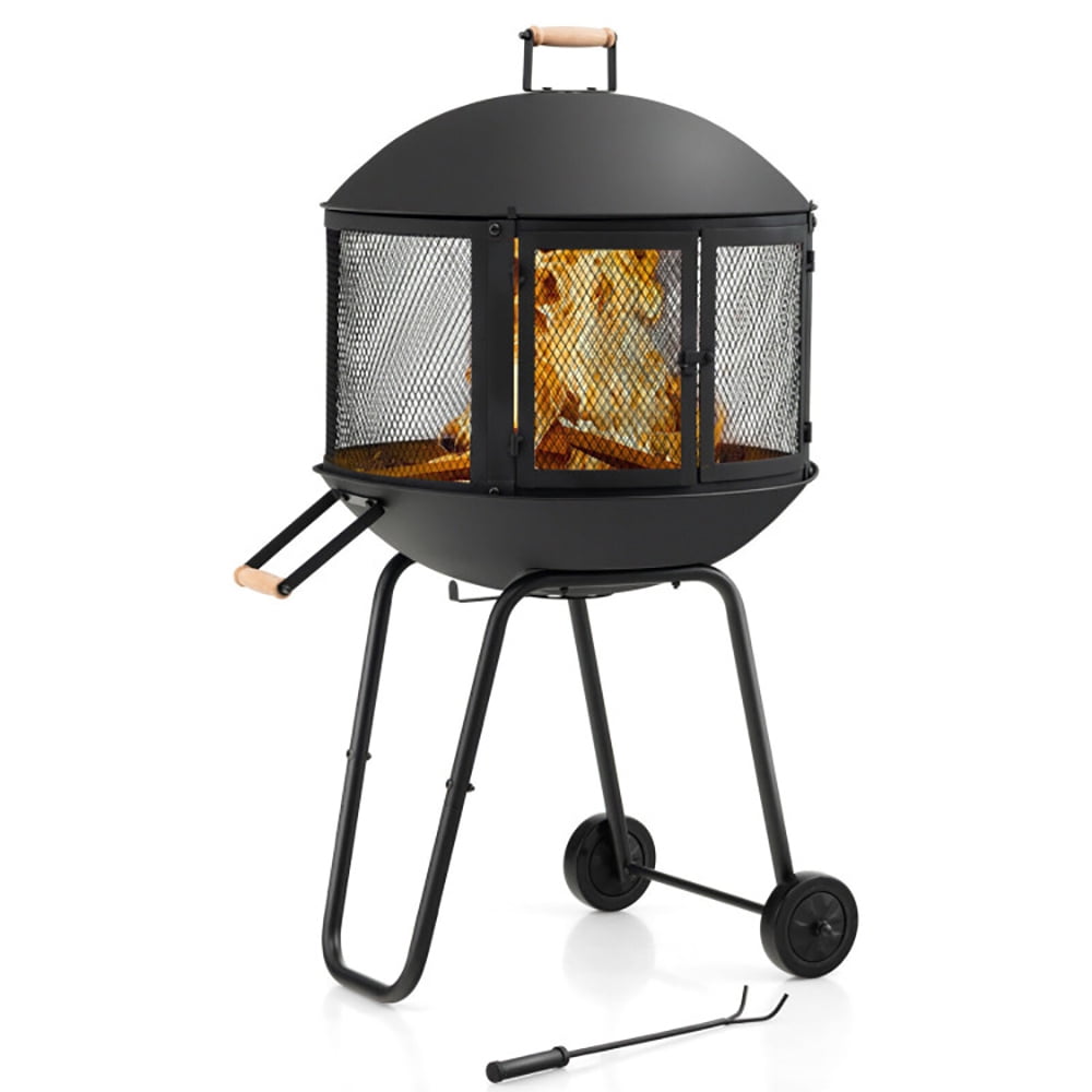 Spaco 28 Inch Portable Fire Pit on Wheels with Log Grate-Black, Outdoor Fire Pit for Outdoor, Outside Patio Deck and Garden