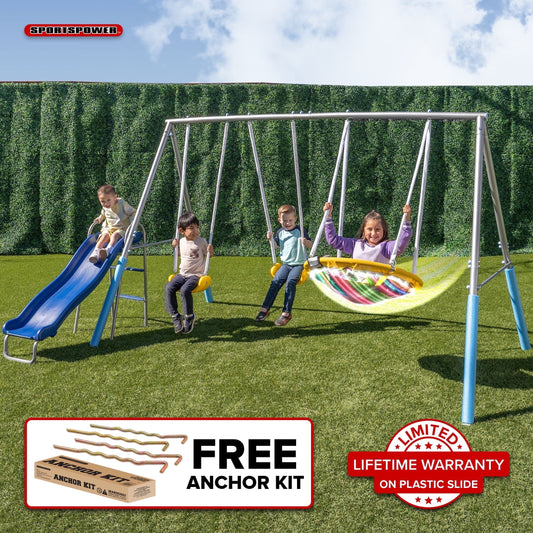 Sportspower Comet Metal Swing Set with LED Light up Saucer Swing, 2 Swings, Lifetime Warranty on Slide, & Bonus Anchor Kit, Great for Kids Aged 3-8