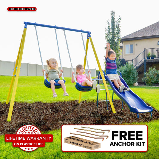 Sportspower Power Play Time Metal Swing Set with 2 Swings, Lifetime Warranty on Blow Molded Slide, & Bonus Anchor Kit, Great for Kids 3-8