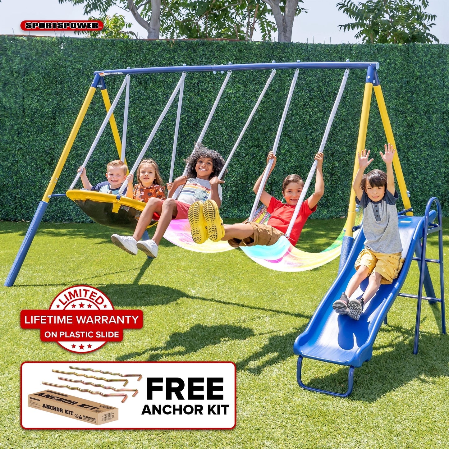 Sportspower Starlight Metal Swing Set with 2 LED Swings, Saucer Swing, Lifetime Warranty on Slide, and Bonus Anchor Kit, for Kids Aged 3-8