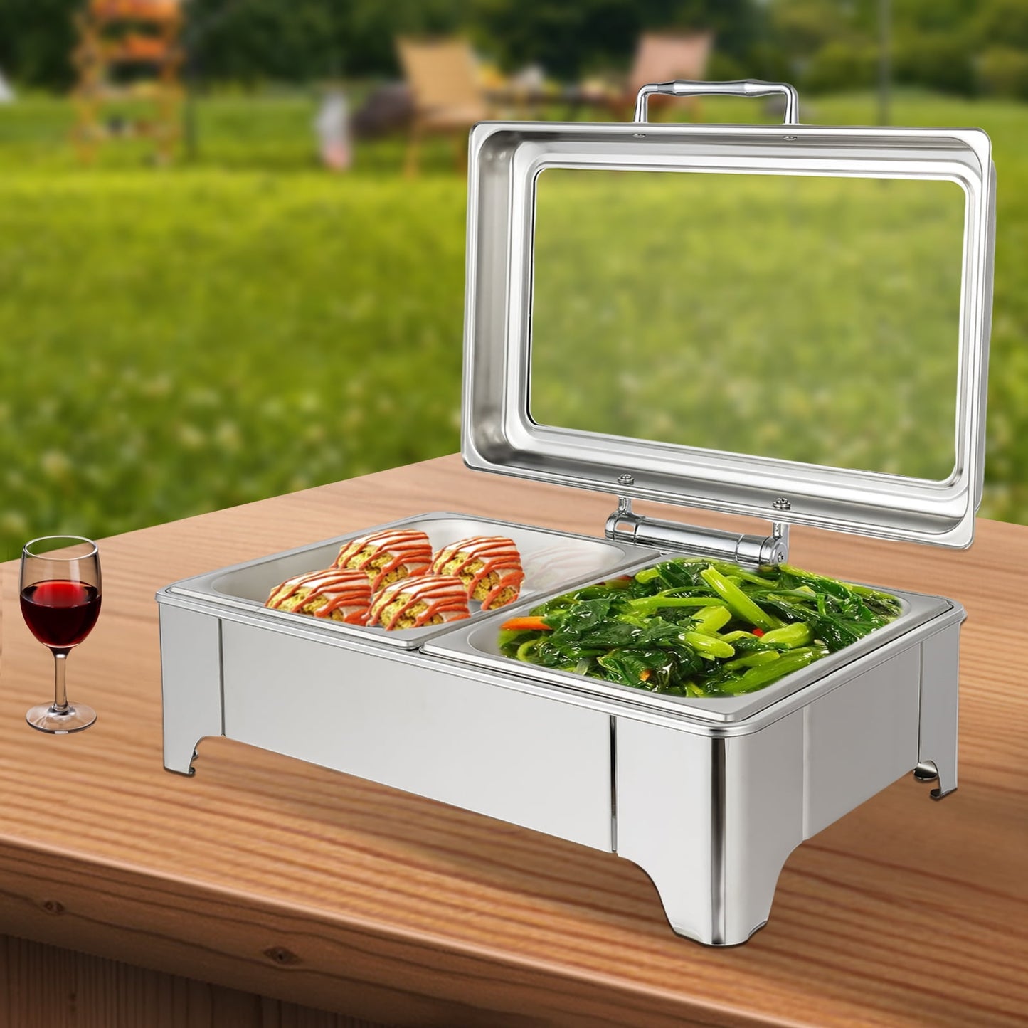 Stainless Steel Buffet Chafing Dish Warmer with 9.5Qt Capacity, Adjustable Temperature, Electric Heat, Glass Lid & Hydraulic Pivot for Catering, Banquets, and Buffets
