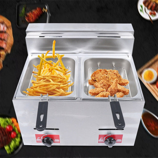 Stainless Steel Deep Fryer with Frying Baskets and Lid, 12.7QT/12L Capacity Countertop Deep Fryer Oil Frying Pot Kitchen Frying Machine Table Snack Fryer Double Cylinder Gas Fryer LPG Deep Fryer