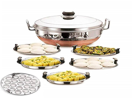 Stainless Steel Idli Cooker Multi Kadai Steamer With Copper Bottom All-in-one Big Size 6 Plates - Silver | 2 Idli Plates + 2 Dhokla Plates + 1 Patra + 1 Mini Idli Plate - Gas & Induction Friendly