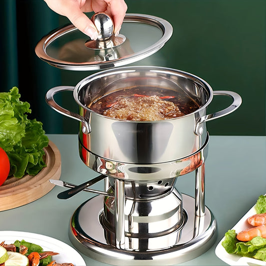 Stainless Steel Mini Hot Pot with Alcohol Burner - Single Serving, Dishwasher Safe, Perfect for Fondue & Shabu-Shabu, Indoor/Outdoor Portable Cookware