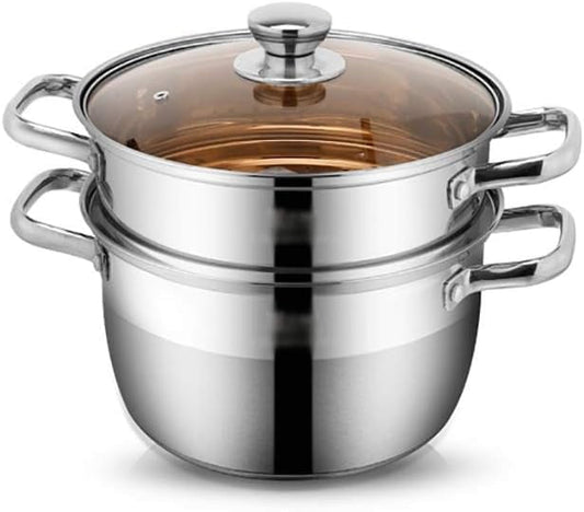 Stainless Steel Momo Maker & Steamer With Glass Lid & Handle - Silver | Gas & Induction Bottom - 2 Tier Steamer Steaming Pot | Multipurpose Food Steamer For Cooking Vegetable, Rice