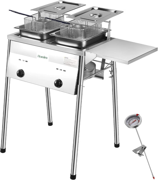 Stainless Steel Two-Tank Propane Deep Fryer with Thermometer, 2 Stainless Steel Baskets and Lids Fish Fryer with Adjustable Temperature Regulator, Outdoor Dual Fryer for Frying
