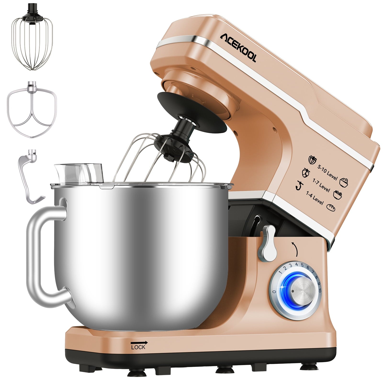 Stand Mixer, 7.5QT 660W Electric Dough Mixer, Kitchen 10-Speed Tilt-Head Food Mixer for Baking&Cake, with Stainless Steel Bowl，Gold