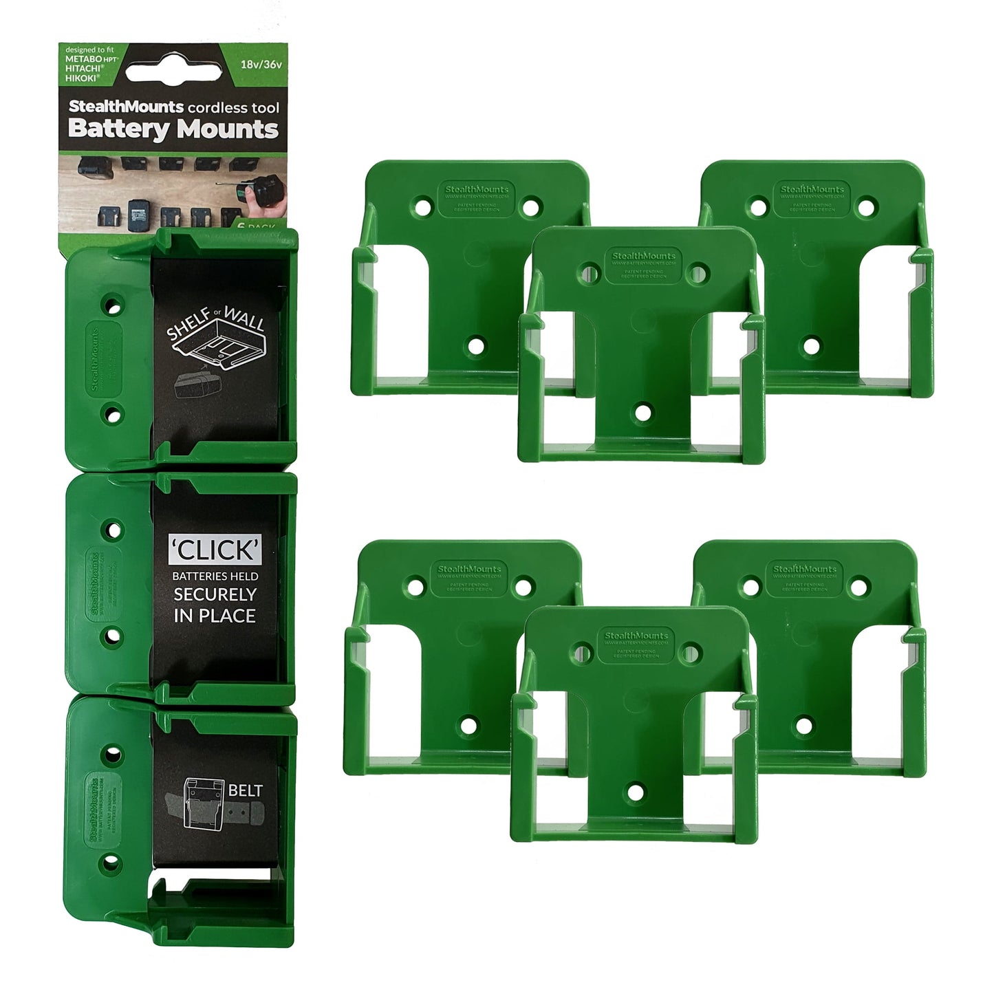 Stealthmounts Green Battery Mount for Metabo HPT/Hitachi/Hikoki 18/36V Batteries 6 Pack