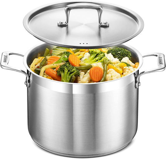 Stockpot â€“ 8 Quart â€“ Brushed Stainless Steel â€“ Heavy Duty Induction Pot with Lid and Riveted Handles â€“ For Soup, Seafood, Stock, Canning and for Catering for Large Groups and Events by BAKKEN