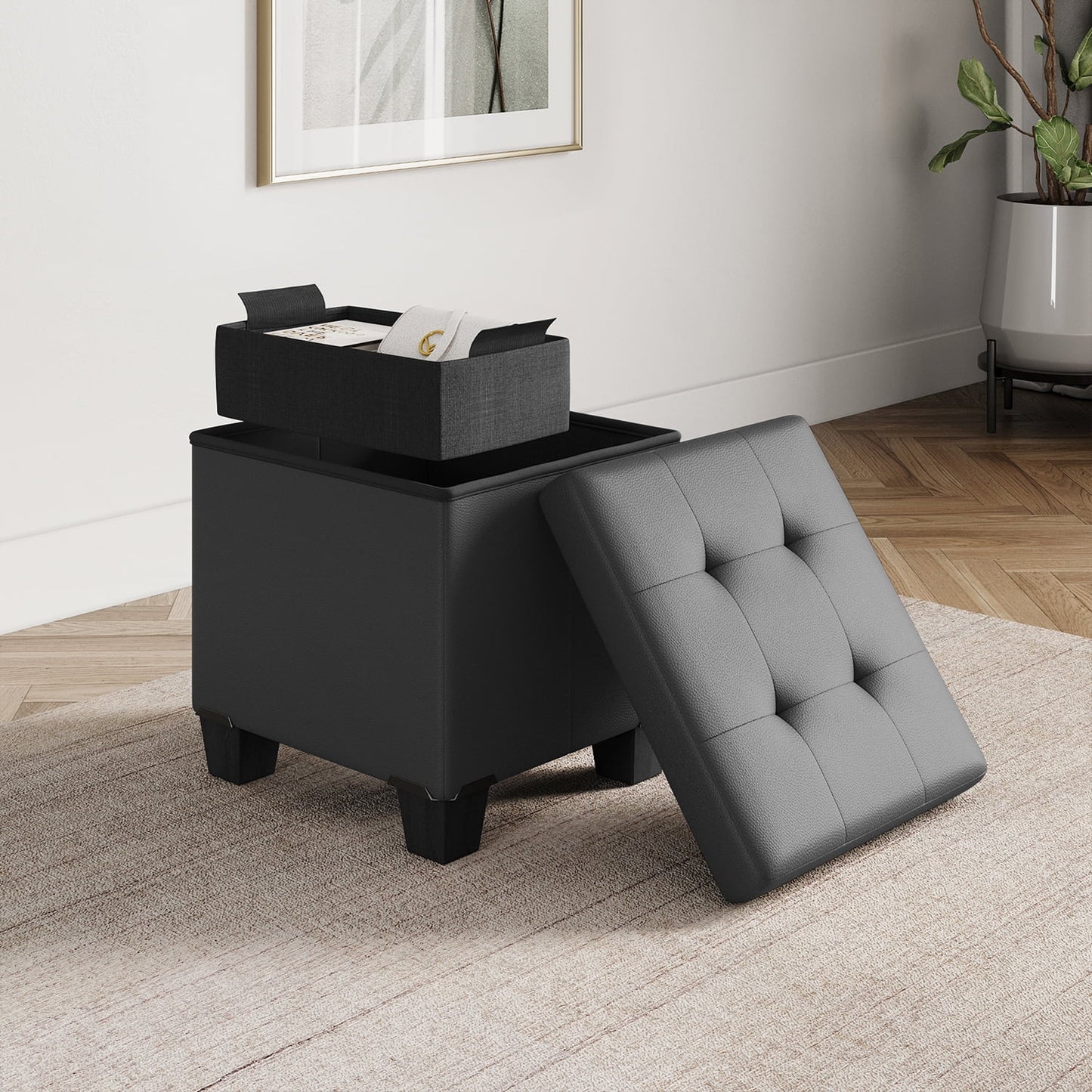 StorageBud Ottoman with Storage Bench, 15-inch Foot Stool Storage Ottoman, Leather, Gray