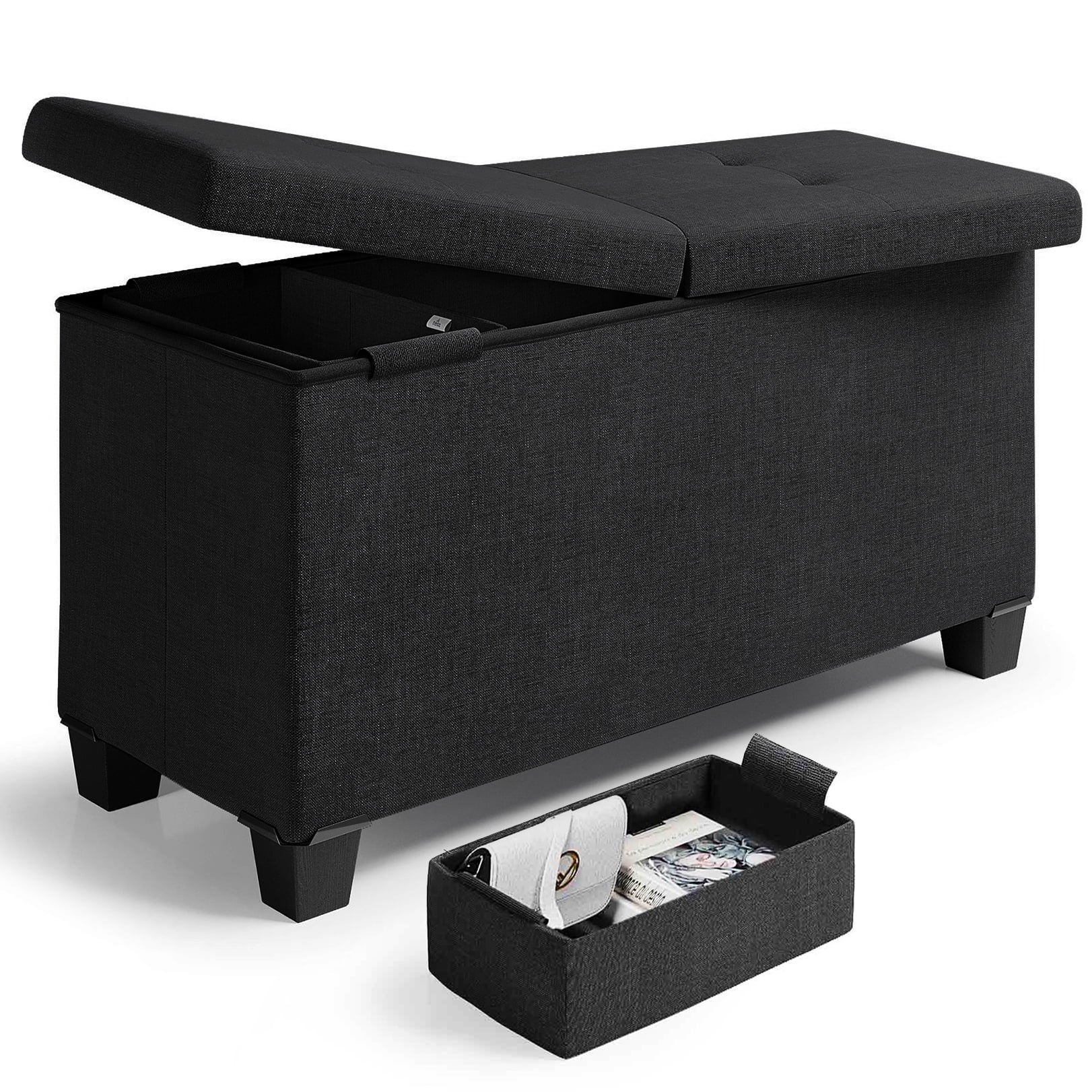 Storagebud Ottoman Storage Bench, Linen 30" Ottoman with Storage, Black