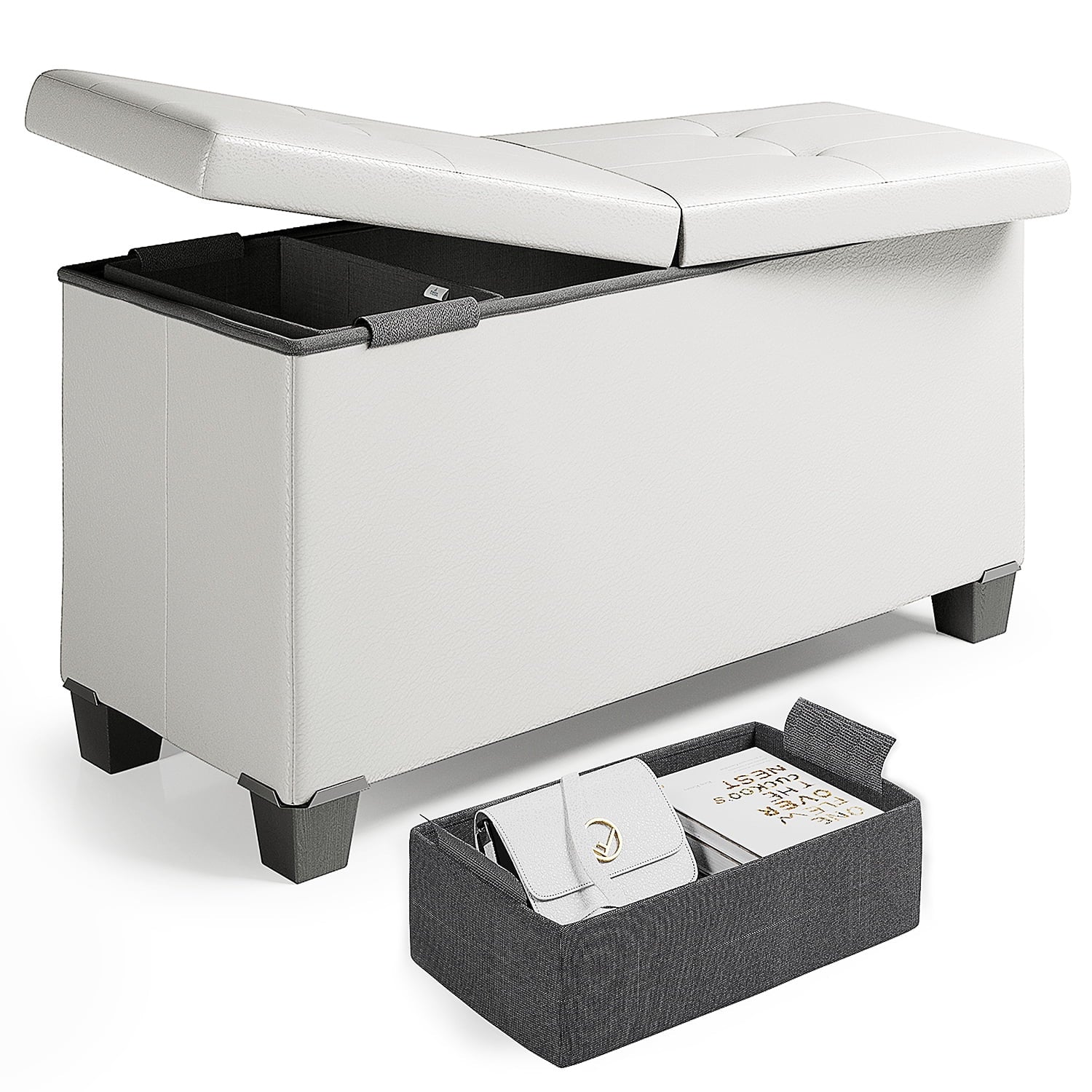 Storagebud Ottoman Storage Bench, Linen 30" Storage Ottoman Bench, White