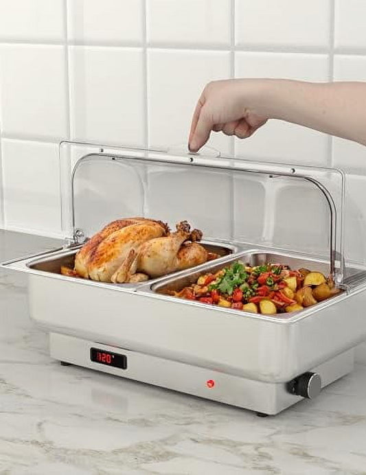 Studyset 2 PACK Electric Chafing Dishes 9 QT Adjustable Temp Roll Top Food Warmer with Full Size Pan, Stainless Steel Buffet Servers and Warmers, Temp Display Food Warmer Transparent Lid Chafers for P
