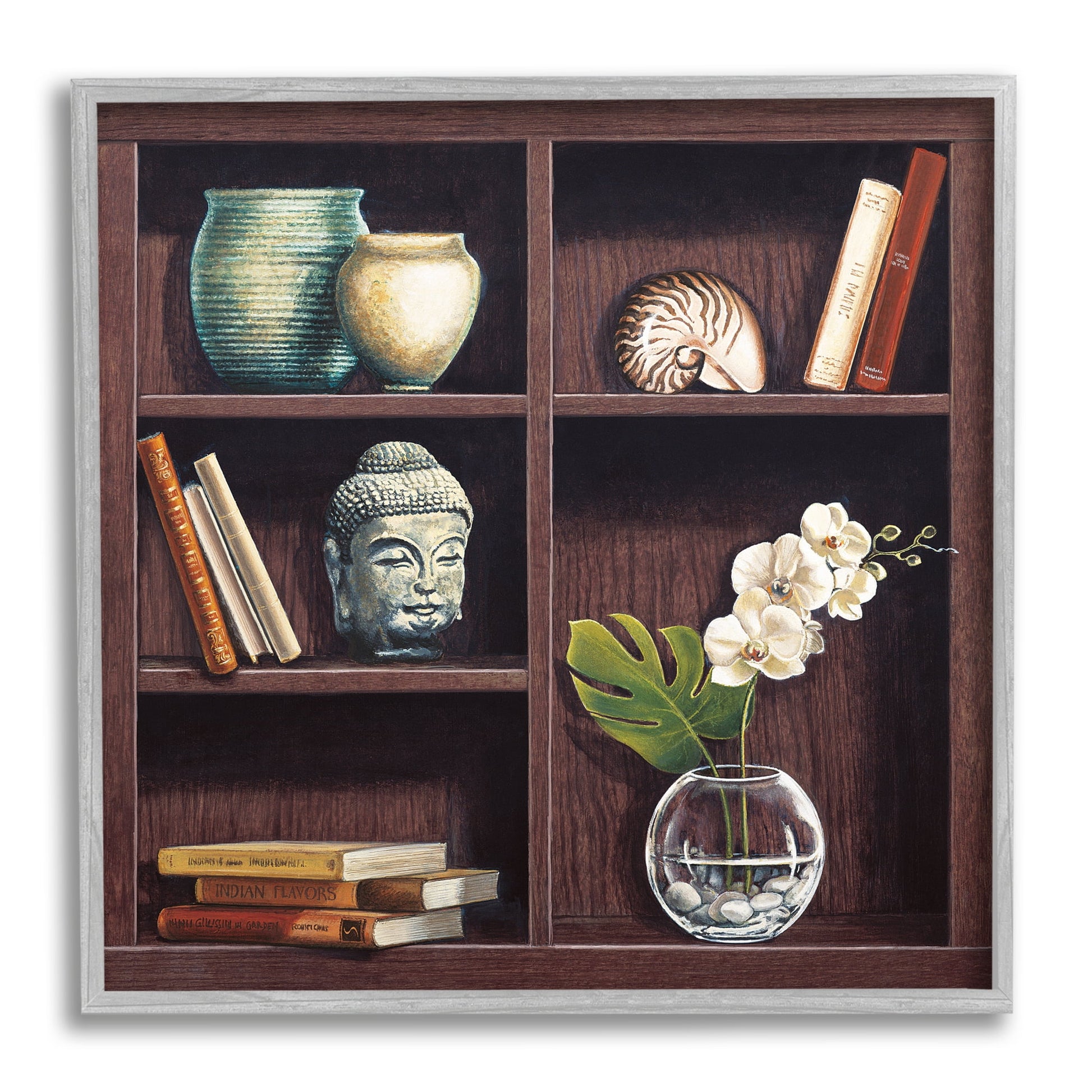 Stupell Industries Eastern Culture Inspired Bookshelf with Floral Vase Still-Life, 24 x 24, Designed by Isabella Rossetti