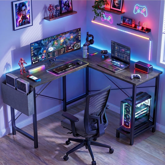 CONCETTA 49 Inch Modern L Shaped Computer Desk with Lower Storage Shelf & Side Bag, Two-Way Convertible Corner Gaming Table for Home Office, Gray