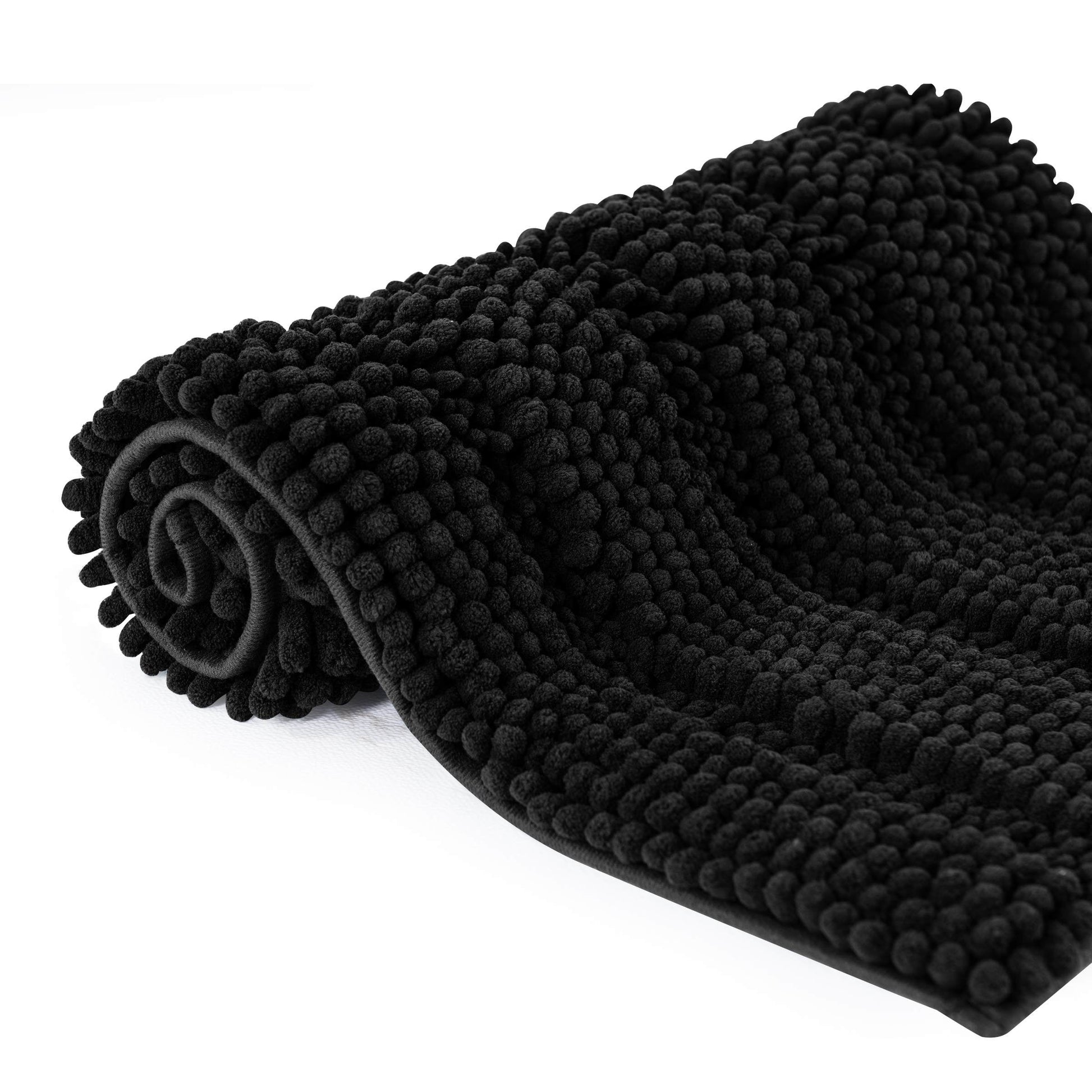 Subrtex Bathroom Rugs Non-Slip Chenille Soft Striped Plush Bath Mat (Black, 16"x24"+20"x32")