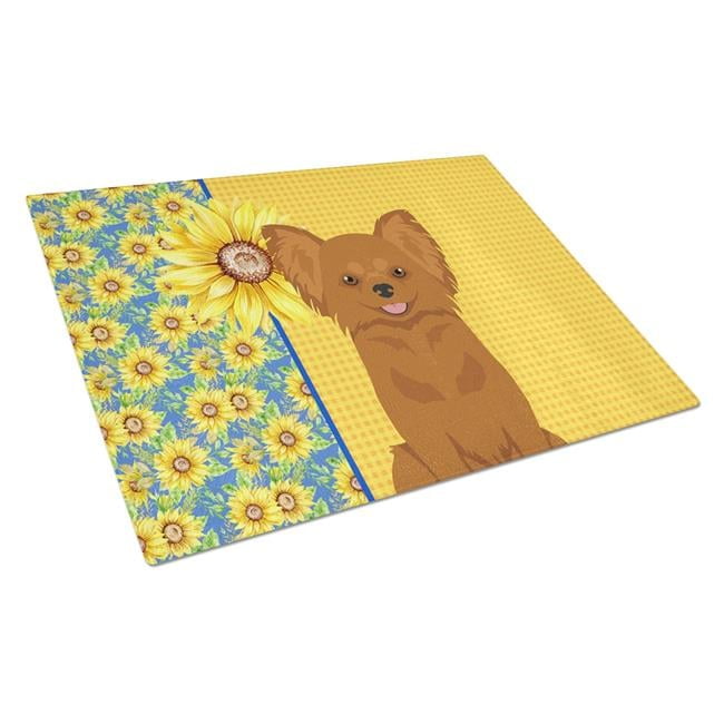Summer Sunflowers Longhaired Red Chihuahua Glass Cutting Board Large 12 in x 15 in