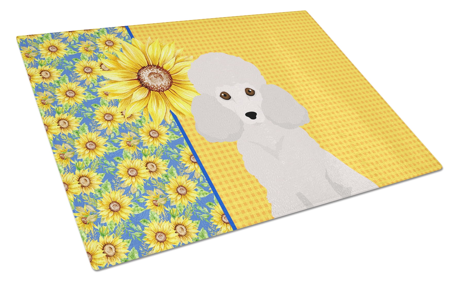 Summer Sunflowers Toy White Poodle Glass Cutting Board Large 12 in x 15 in