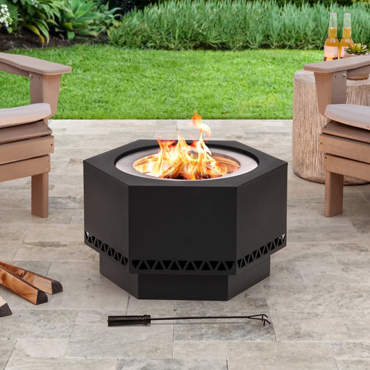 Sunjoy Fire Pit Smokeless 26 Inch Hexagonal Outdoor Fire Pit, Patio Wood Burning Smokeless Firepit w/PVC Cover and Fire Poker, Ideal for Camping, Bonfire, and Backyard, Black