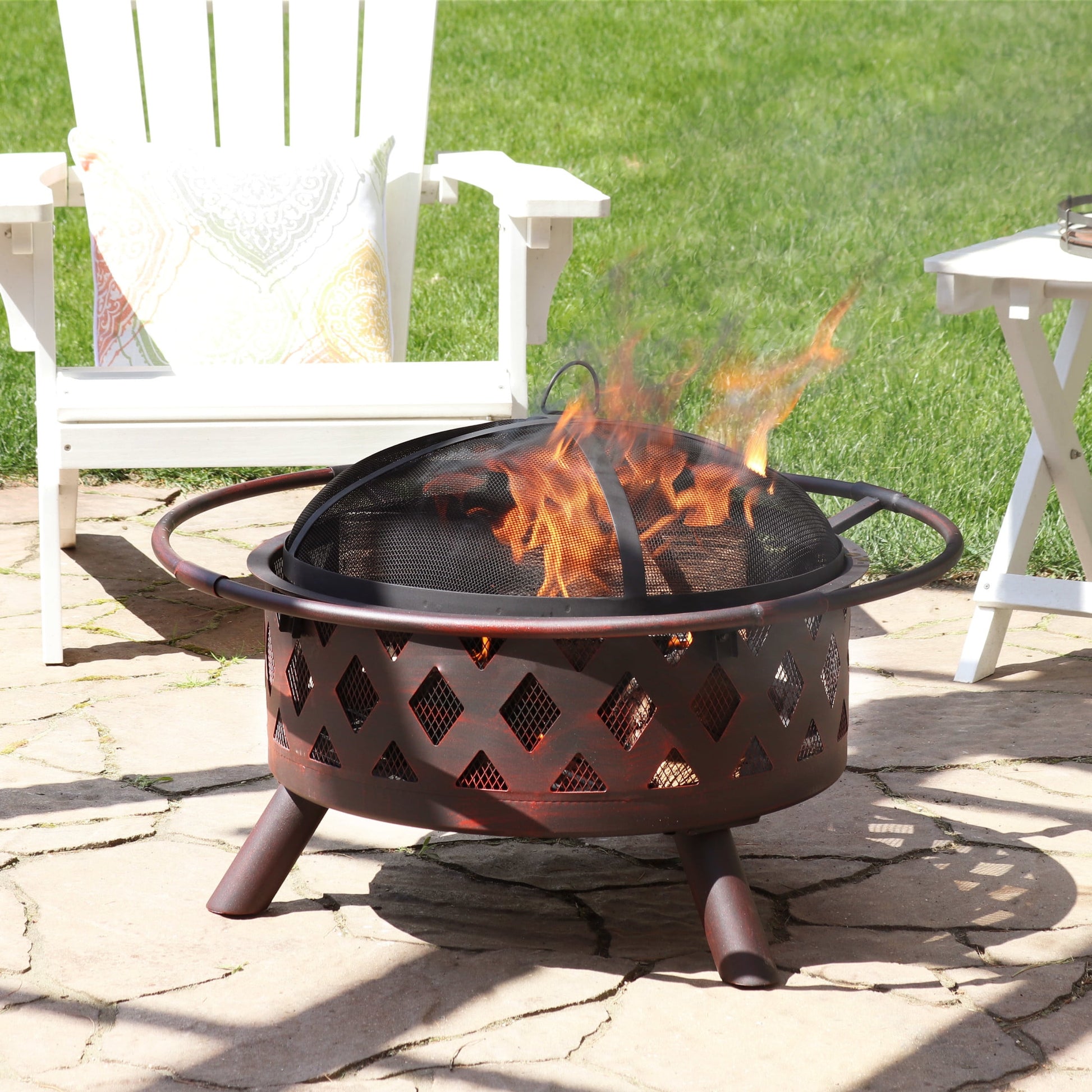 Sunnydaze 30" Round Wood-Burning Bronze Finish Crossweave Fire Pit with Spark Screen