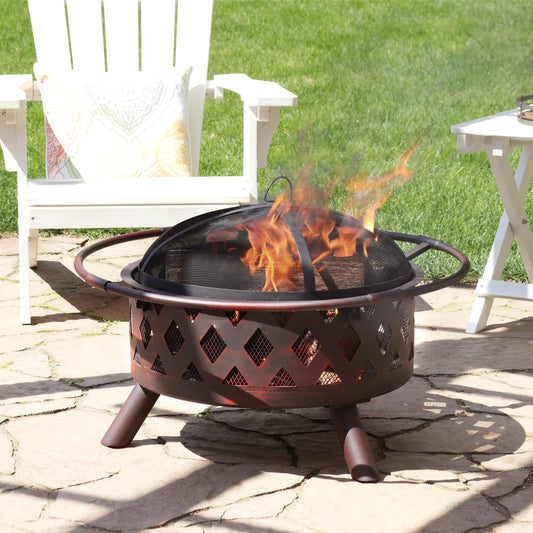 Sunnydaze 30" Round Wood-Burning Bronze Finish Crossweave Fire Pit with Spark Screen